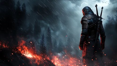 Armored swordsman over burning forest under stormy moonlit sky.