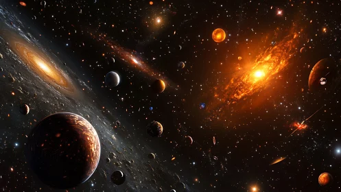 Galactic firestorms swirl through a crowded cosmic playground.