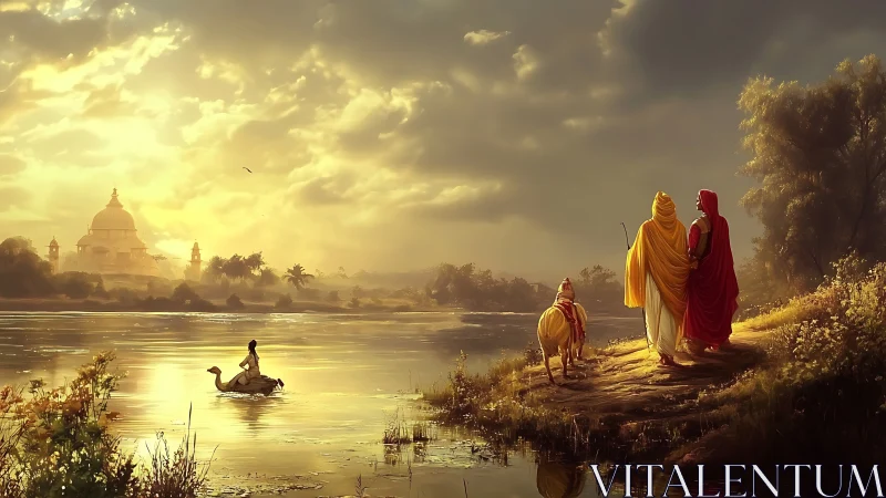 Golden riverside journey toward a distant temple at dawn.