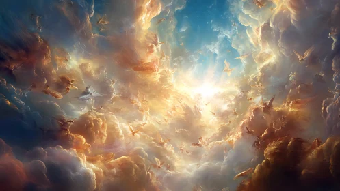Radiant celestial sky opens with swirling golden clouds