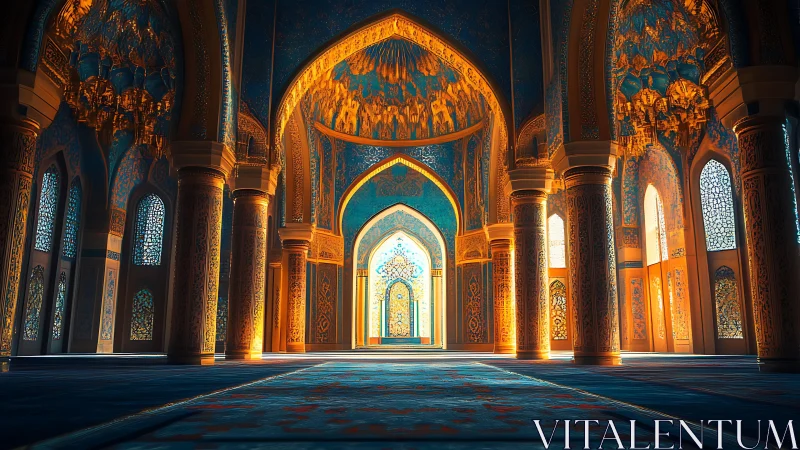 Ornate mosque interior with arches in warm side light.