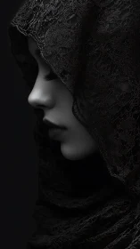 Veiled female profile in intricate black lace shroud.