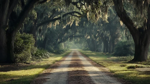 Sunlit oak lane wrapped in moss and quiet morning mist.