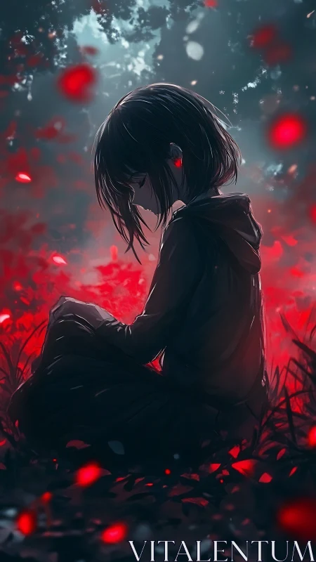 Backlit anime silhouette of seated girl amid red bokeh field