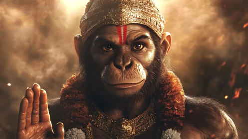 Divine simian warrior portrait in golden cinematic lighting.
