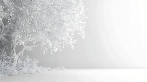 Monochrome tree on white minimalist landscape background.