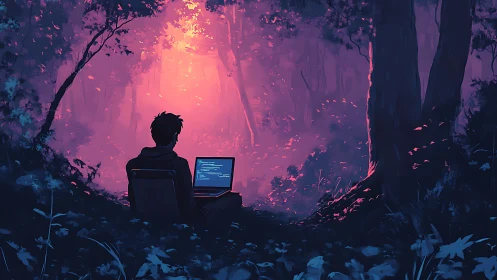 Solitary Developer: Neon Forest Hacking Environment with Magenta Sky