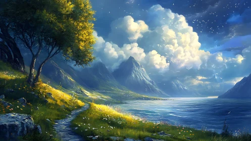 Sunlit mountain path whispering beside a cloud-bright sea.