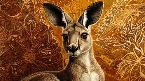 Kangaroo portrait framed by intricate golden florals.