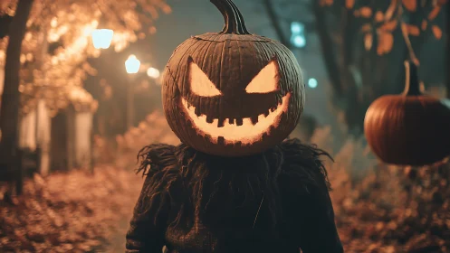 Jack-o’-lantern figure prowls a foggy autumn street at night.