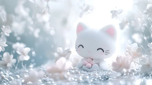 White Kawaii Cat Figure in Sparkling Floral Setting.
