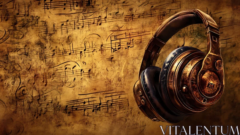 Vintage headphones rest against grungy musical score wall