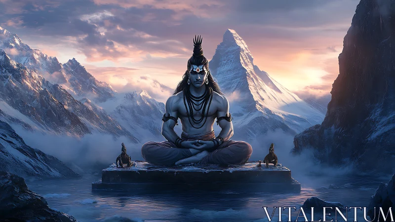 Monumental Shiva meditation figure in cinematic Himalayan dawn