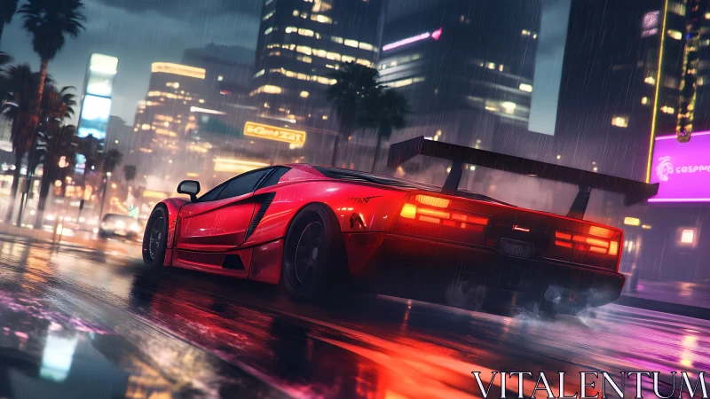 Red supercar powers through neon city in cinematic rainstorm.