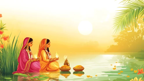 Two women in traditional attire praying by river, digital art.