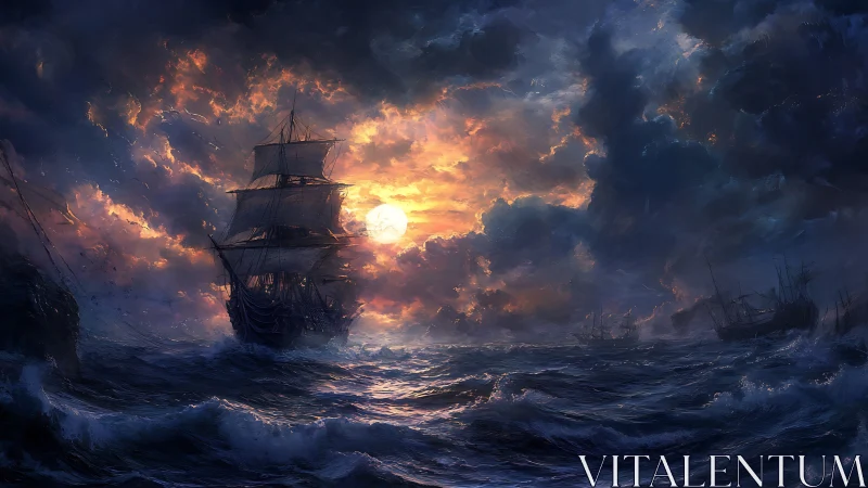 Storm-tossed galleon under turbulent sunset sky and luminous clouds
