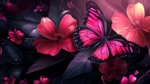 Neon pink butterfly rests among glowing tropical blooms.