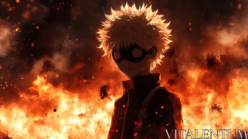 Masked blonde anime boy stands before explosive inferno