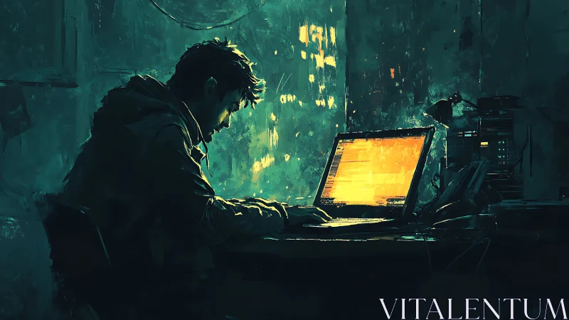 Solitary figure at laptop in dim green-toned workspace.