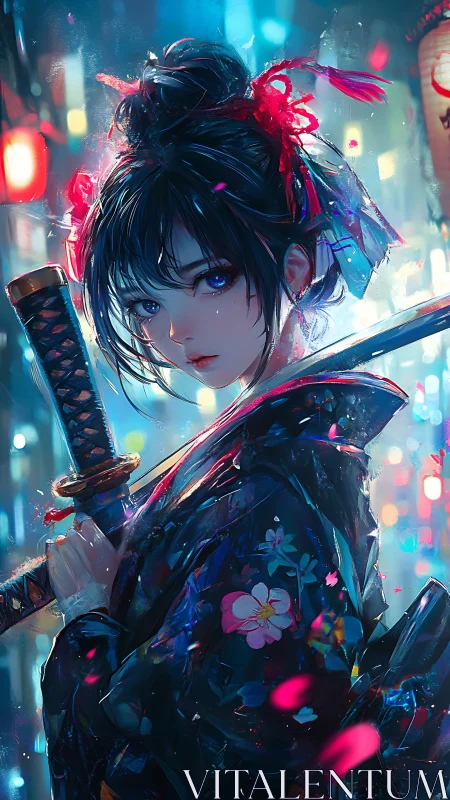 Neon-lit samurai girl poised with katana in rainy alley.