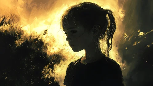 Girl silhouette glows against burning golden storm backdrop.