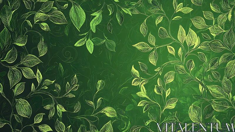 Botanical linework foliage on gradient green field pattern.