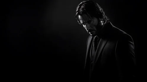 Solitary suited man in dramatic low-key monochrome light.