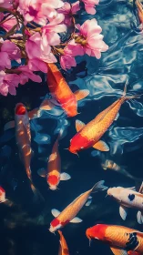Koi fish beneath pink blossoms in reflective pond water.