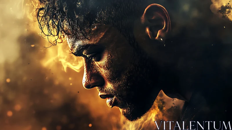 Smoldering profile of determined man in molten lightscape.