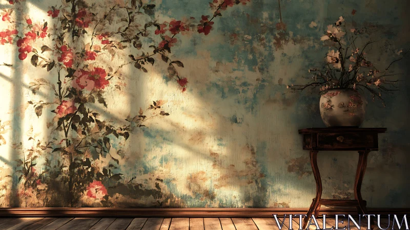 Sunlit vintage floral wall and vase create poetic stillness