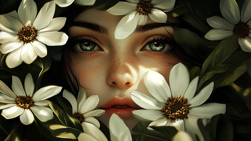 Gentle freckled face framed by soft white garden blooms.