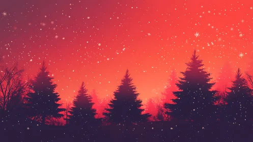 Snowfall over dark pine forest at vivid red sunset.