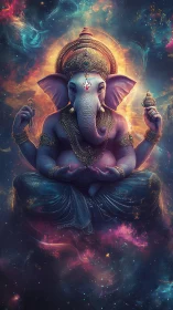 Celestial elephant-headed deity in luminous nebula aura.