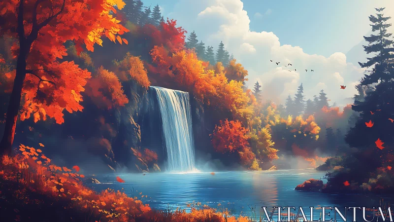 Waterfall hushes the forest while autumn sets trees ablaze