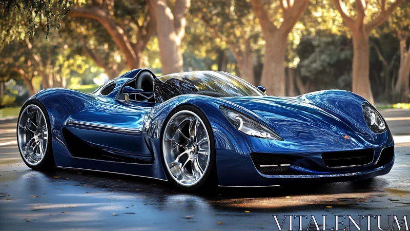 Blue concept supercar parked on a sunlit tree-lined road.