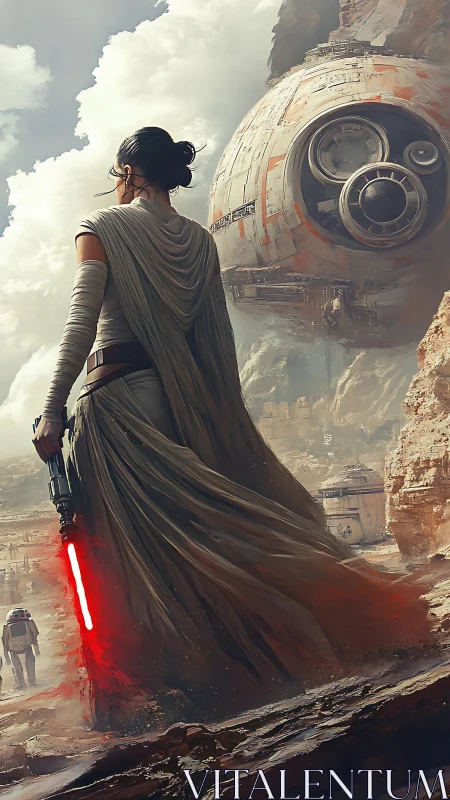 Cloaked figure with red energy blade in rocky outpost scene.