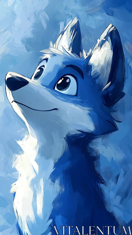 Chromatic blue fox portrait with expressive brushwork rendering.
