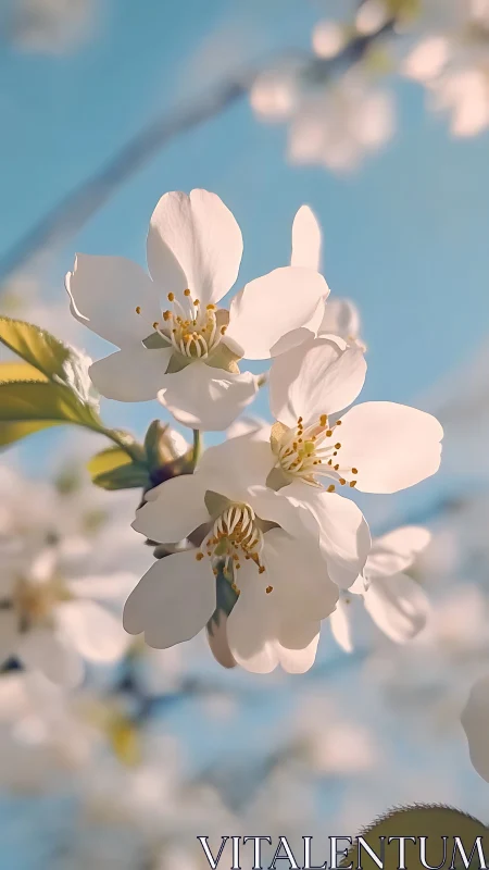 White hawthorn blossoms photographed against clear blue sky.