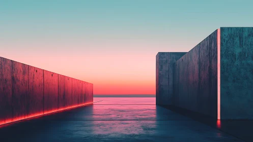 Concrete Passage at Dusk with Neon Accents.