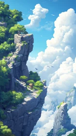 Solitary wooden hut clings to sunlit cliff above clouds