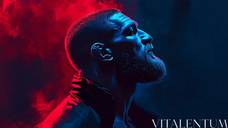 Profile portrait of bearded man in red and blue lighting