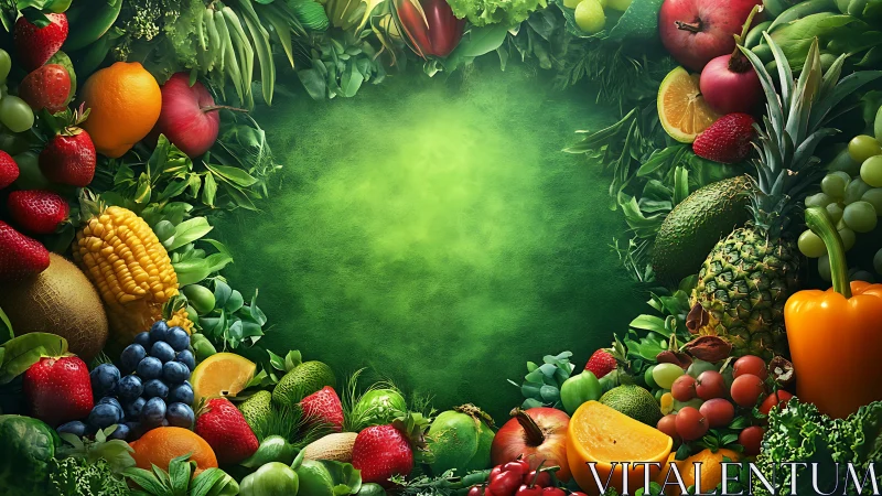 Chromatic produce ring framing verdant textured void center.