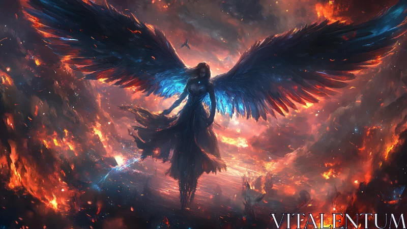 Celestial winged figure over erupting infernal battlefield
