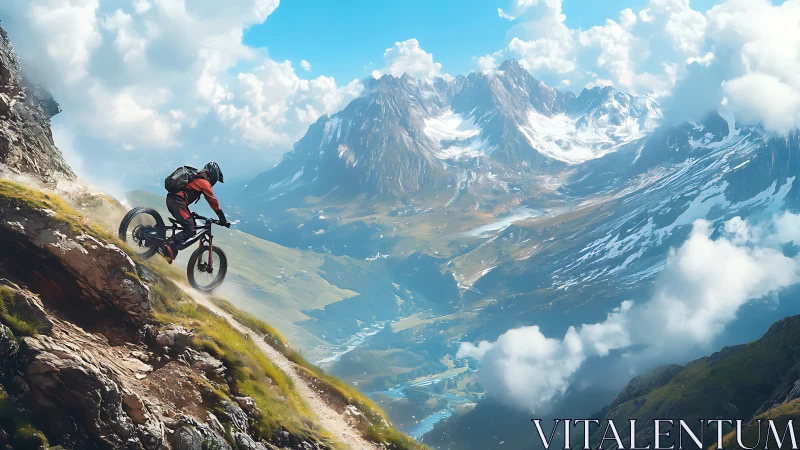 Mountain biker descending rocky alpine trail above valley.