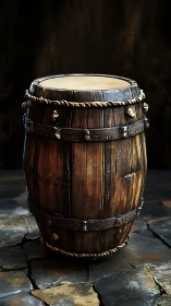 Weathered oak barrel with rope lashing on stone floor