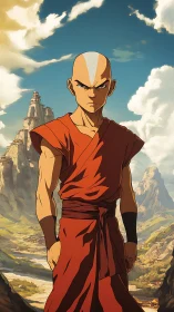 Shaved-head monk figure in red robes before mountain valley.