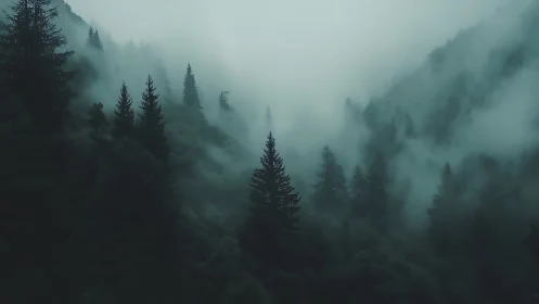 Coniferous forest shrouded in dense fog and mist