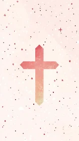 Soft pink cross with celestial particle field background.
