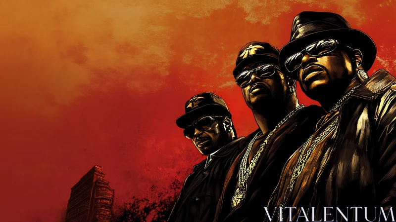 Triadic hip-hop portrait against incendiary urban gradient.