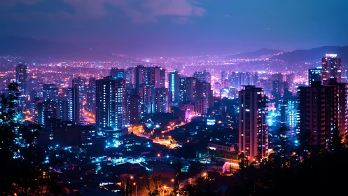 Neon drenched metropolis skyline under hazy twilight glow.